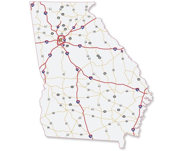 A map of Georgia, USA showing the main highways and interstate roads.