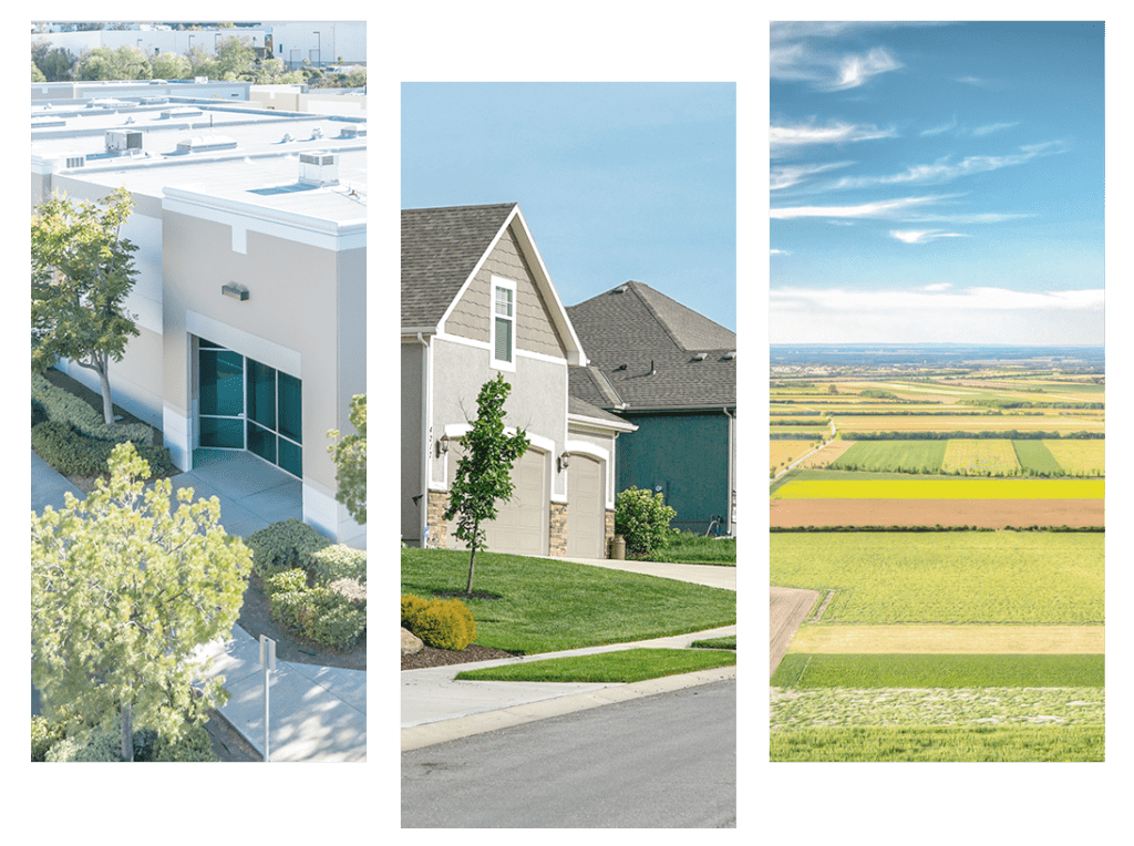 Commercial, residential suburb, and rural farmland properties.
