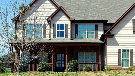 White house with dark roof and a tree in front.